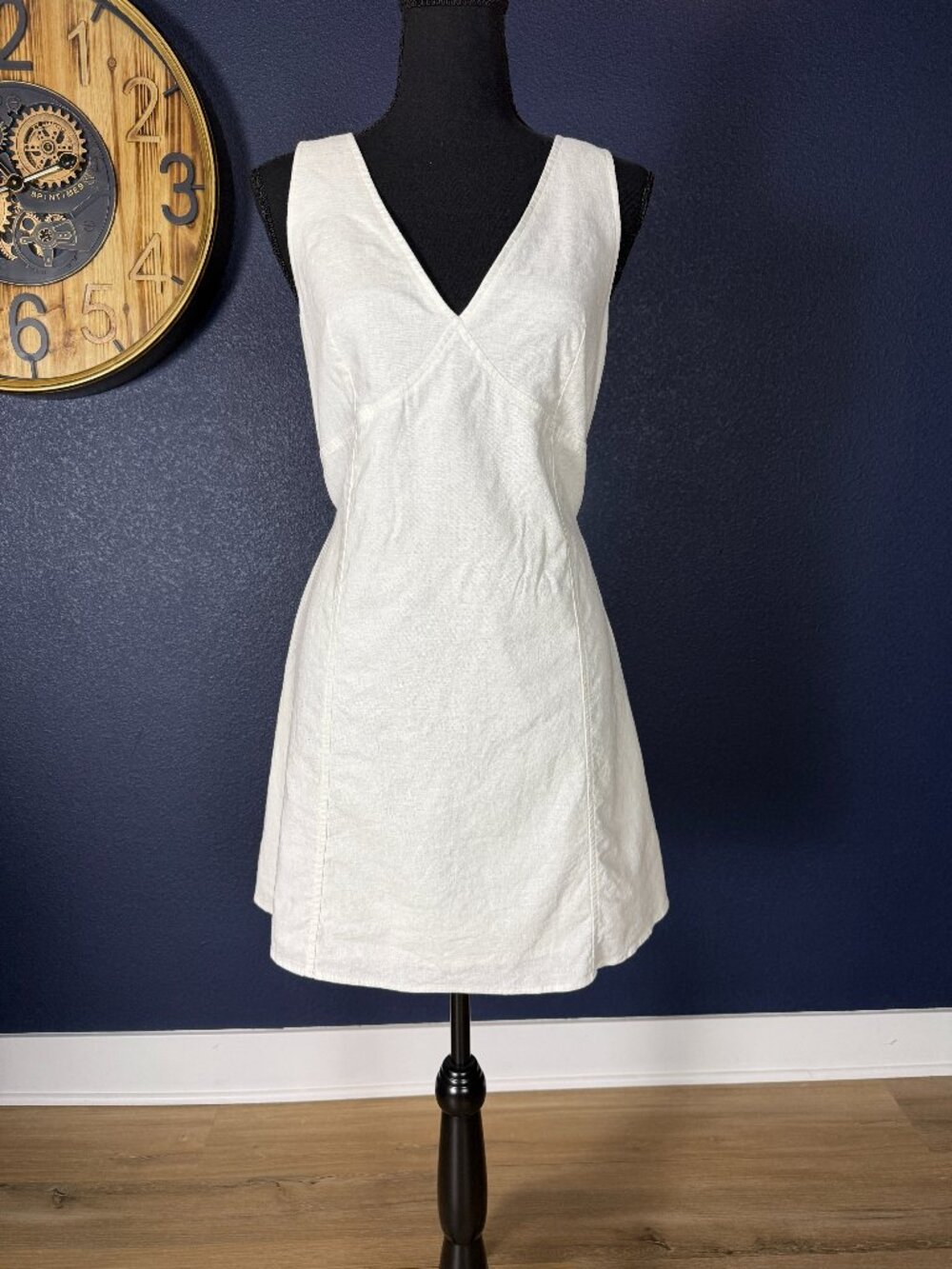 Open Edit White Linen Blend V-Neck Sleeveless A-Line Mini Dress | M